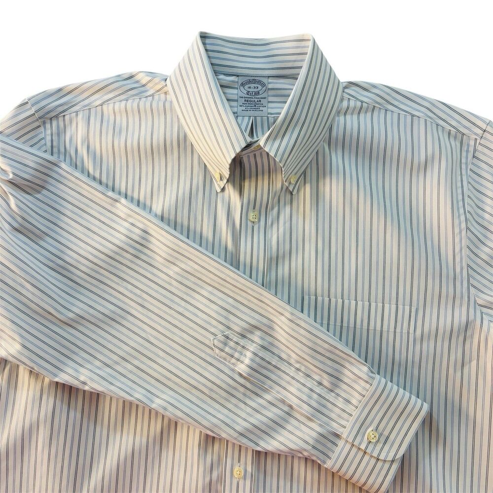 Brooks Brothers Men's 16-33 Regular Fit Non Iron Stretch Dress Shirt Blue Stripe